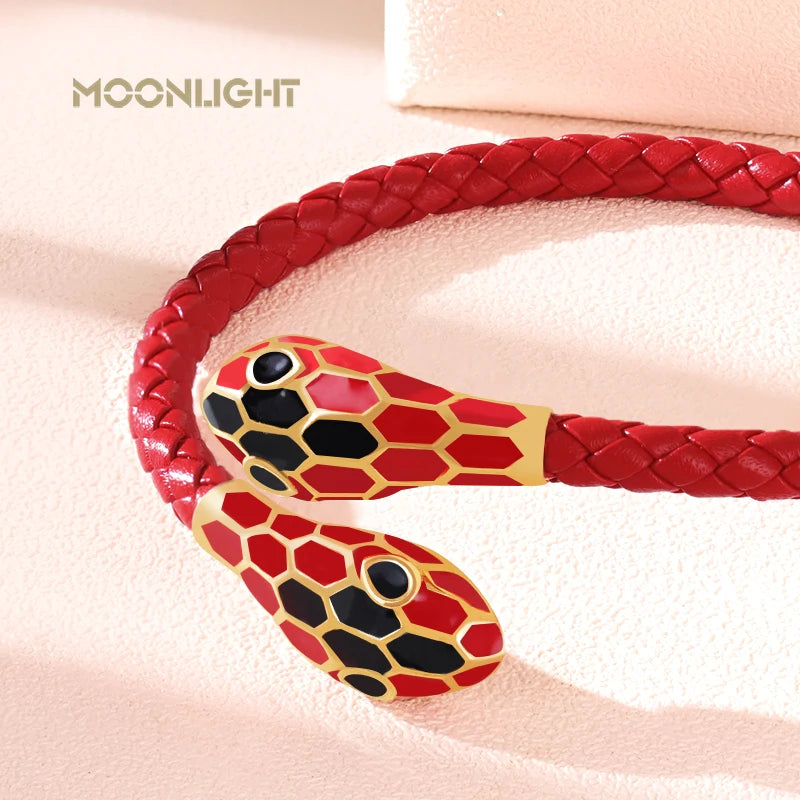 MOONLIGHT Classic Style Double Snake Head Cuff Bangles for Women Genuine Braided Leather Bracelets Female Fashion Jewelry Gifts