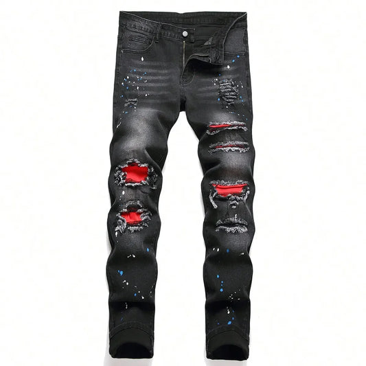 Vaqueros ajustados elásticos de mezclilla para hombre | Pantalones casuales rasgados