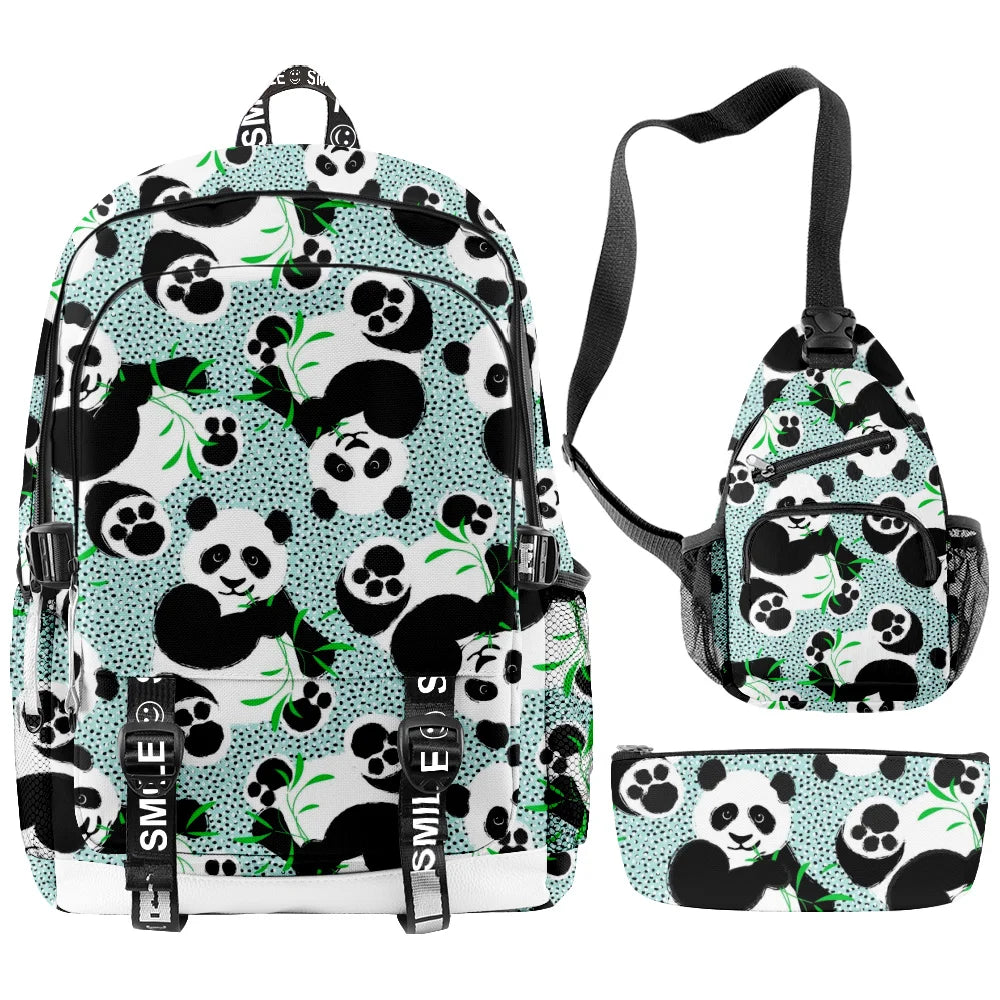 3-Piece Cartoon Panda School Backpack Set for Students