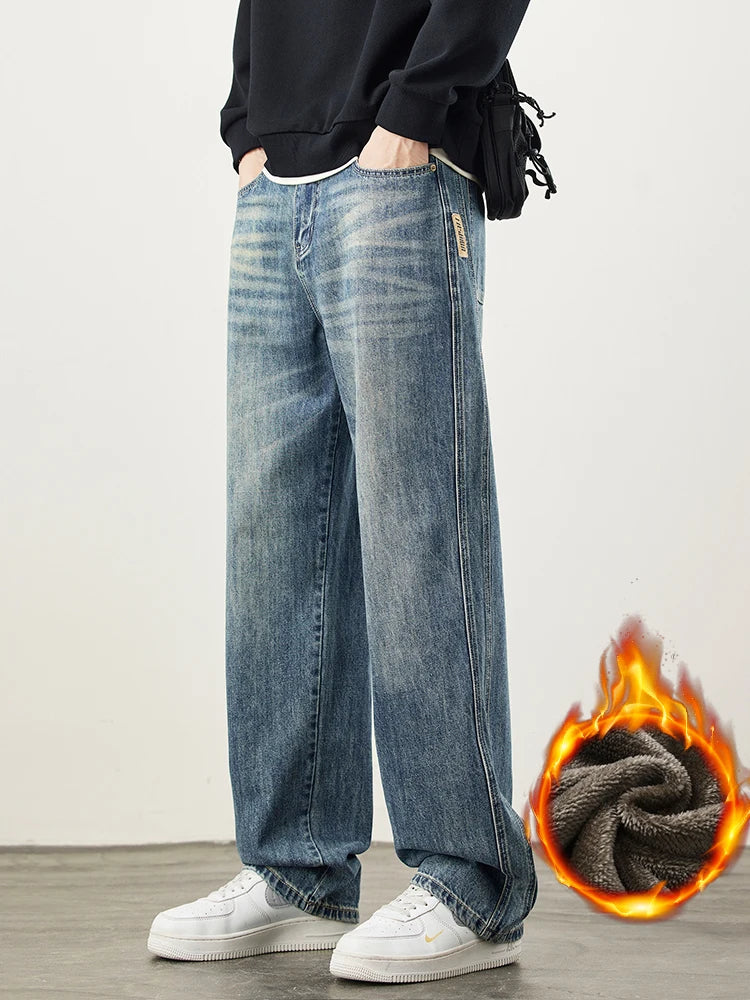 Wide-Leg Warm Fleece Jeans — Winter Thick Loose Straight Denim Pants for Men, Vintage Casual Velvet-Lined Korean Style Trousers