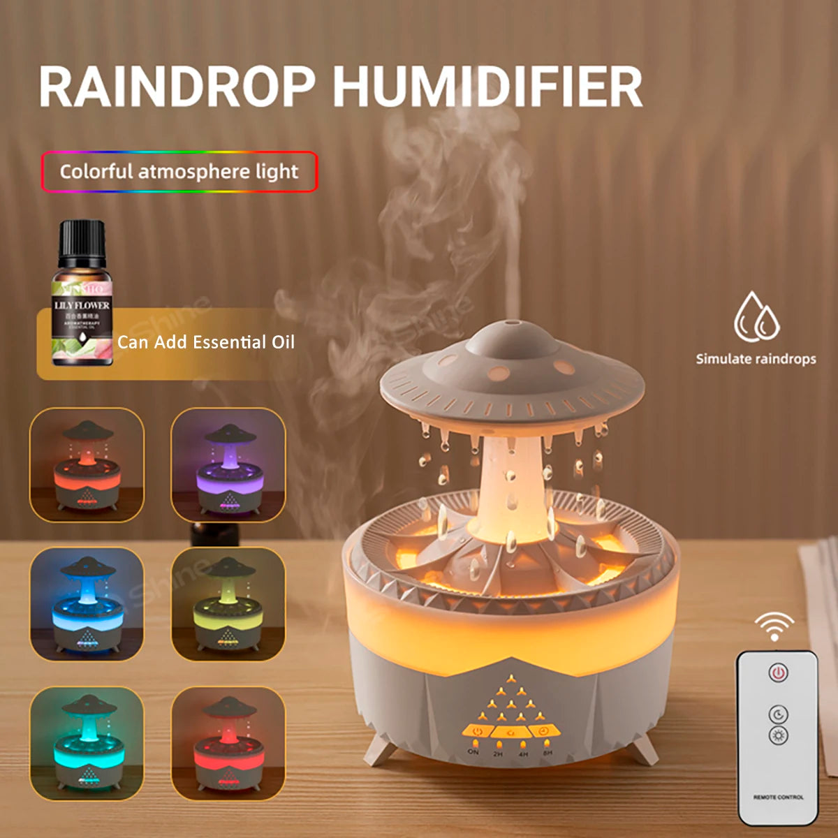 Simulated Raindrop Air Humidifier | Essential Oil Diffuser with Lights