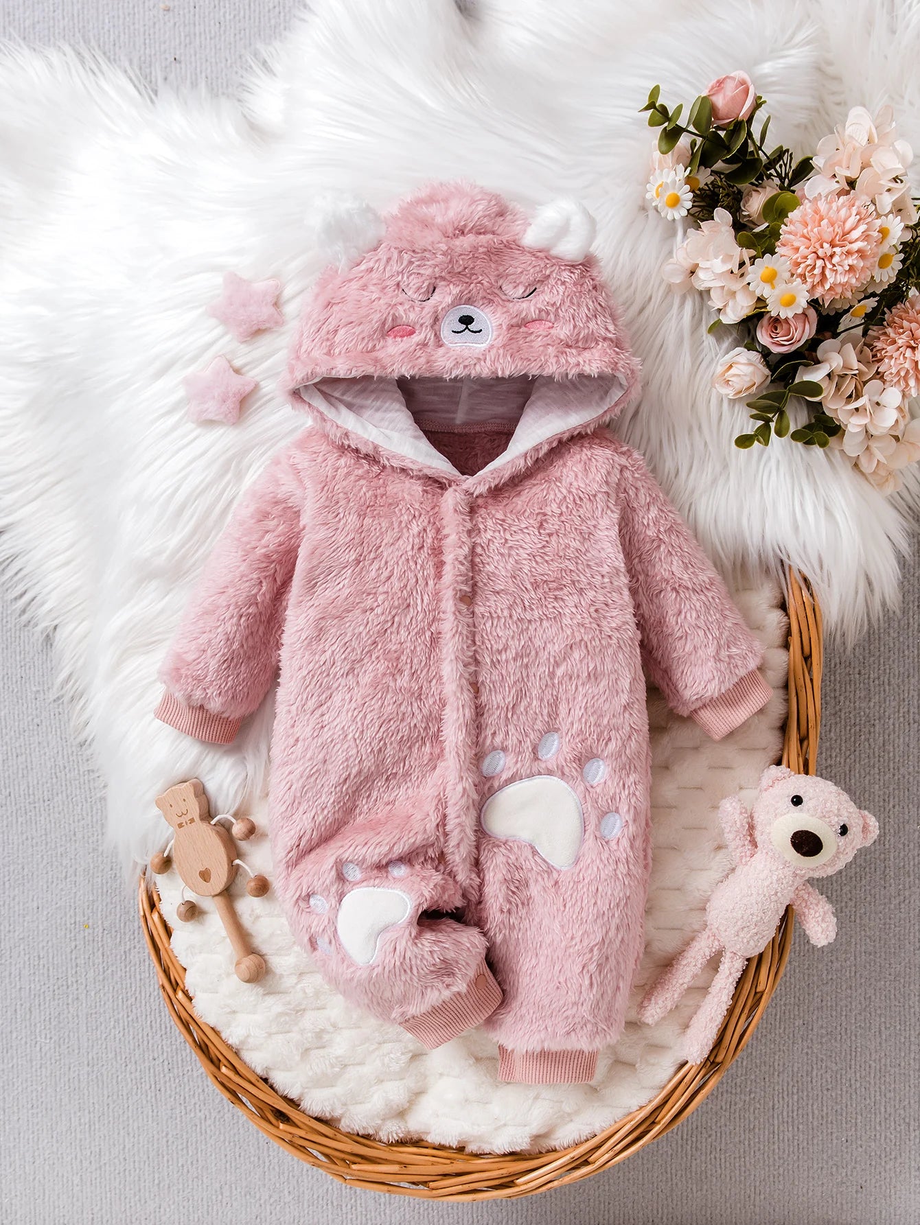 Cute Plush Hooded Jumpsuit for Baby Girls | Cozy Winter Romper