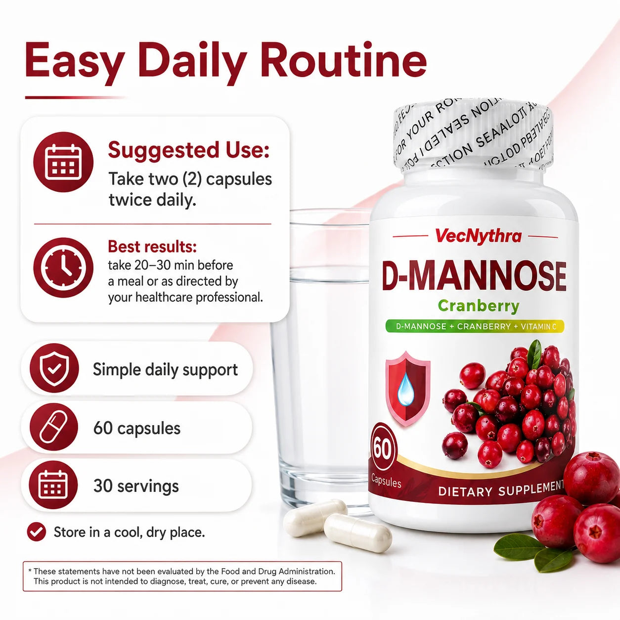 Cranberry D-Mannose Supplement with Vitamin C | 60 Capsules
