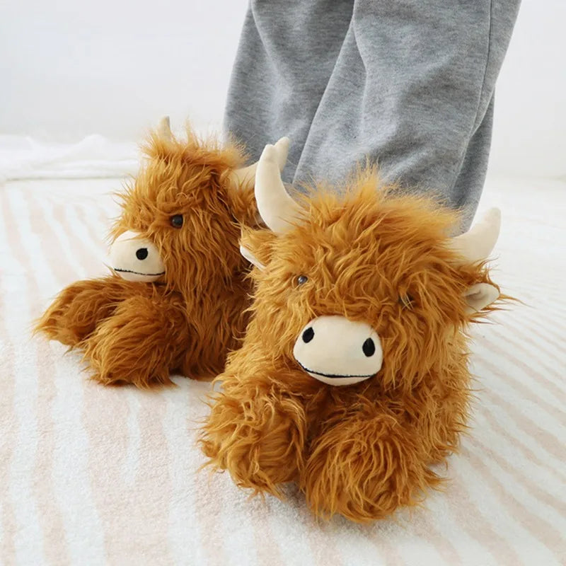 Winter Highland Cow Plush Slippers | Cute Fluffy Animal Slides