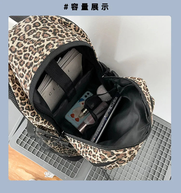 Vintage Leopard Print Backpack, Large Capacity School Bookbag with Side Mesh Pouch, for Students Travel Outdoor Streetwear