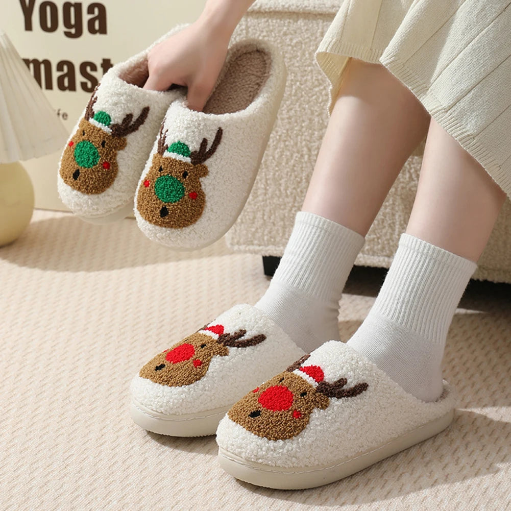 Unisex Christmas Deer Plush Slippers | Cozy Fluffy House Shoes
