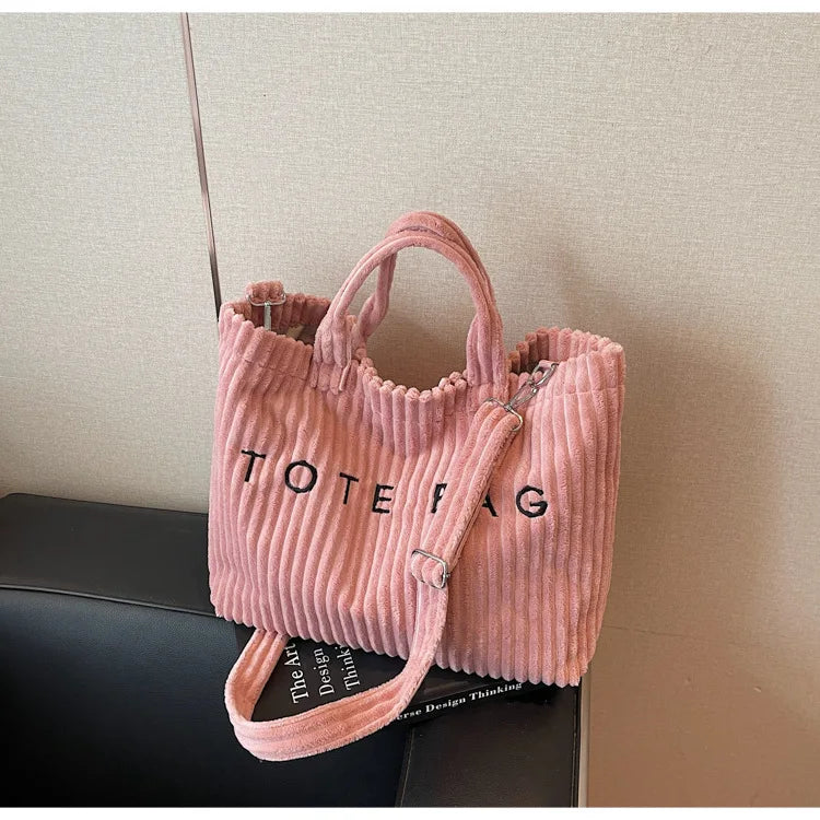 Bolso de mano de terciopelo a rayas de gran capacidad | Bolso tote elegante y versátil