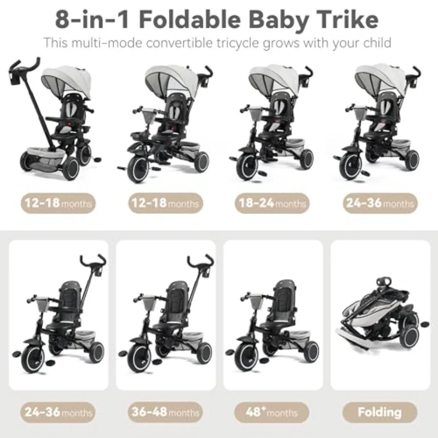 8 in 1 Folding Toddler Tricycle with Canopy and Reversible Seat