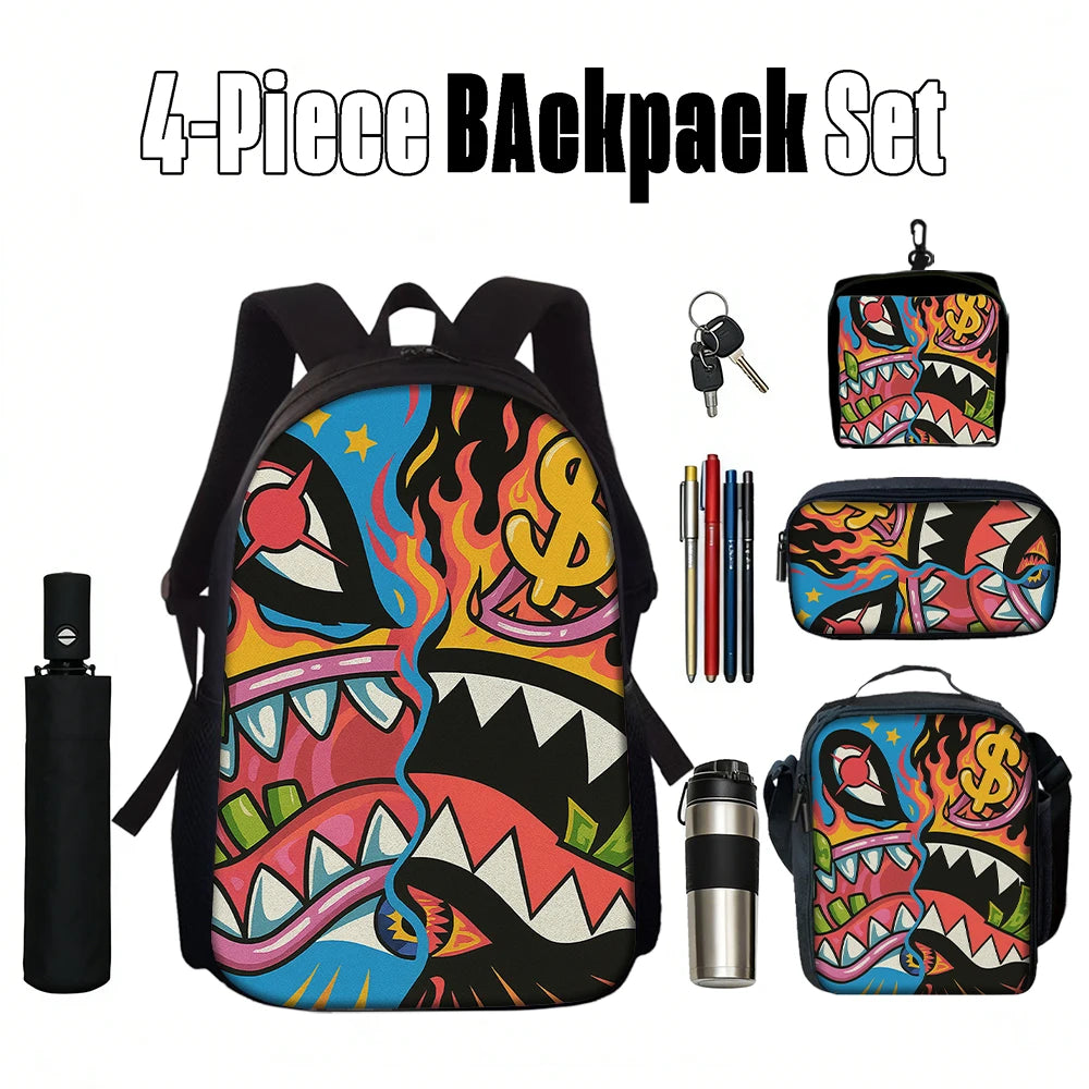 Trendy Shark Graphic Backpack Set | Stylish & Functional for All