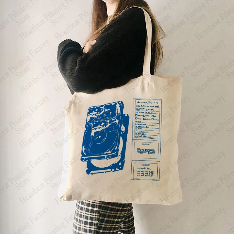 Retro Record Graphic Canvas Tote Bag | Reusable Shopper Bag
