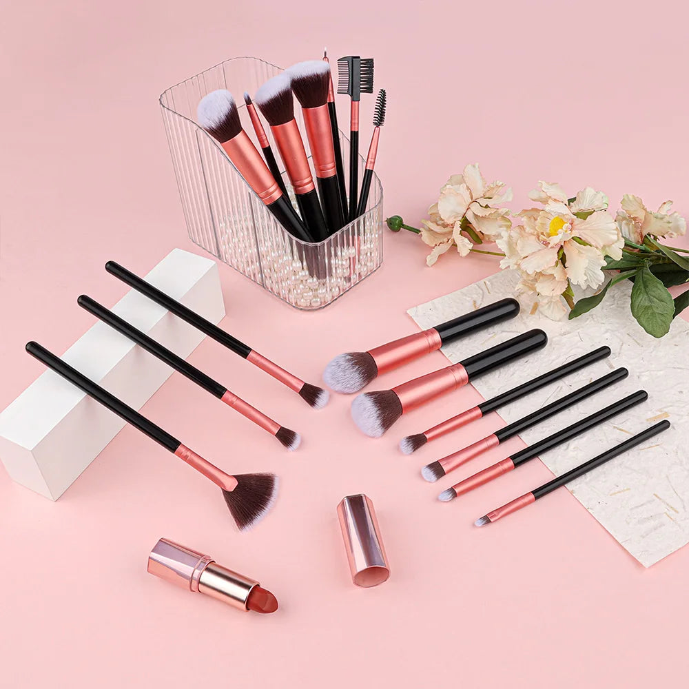 14-16 Piece Professional Makeup Brush Set – Soft Fluffy Goat & Synthetic Hair Brushes for Foundation, Eyeshadow, Blush, Concealer & Powder – Red/Black/Pink/Silver Handles