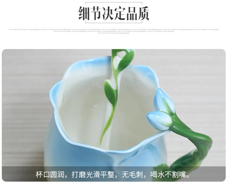 Creative 3D Rose Shape Ceramic Coffee Mug with Spoon - 4 Colors