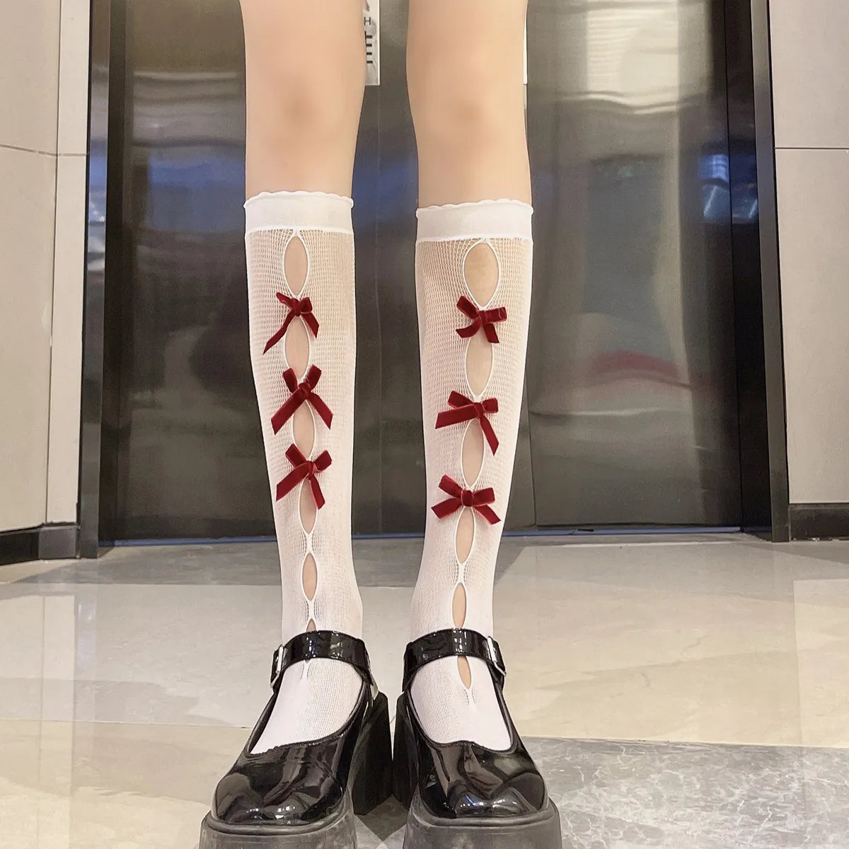 Kawaii Hollow Out Mesh Fishnet Socks | Cute Bow Long Stockings