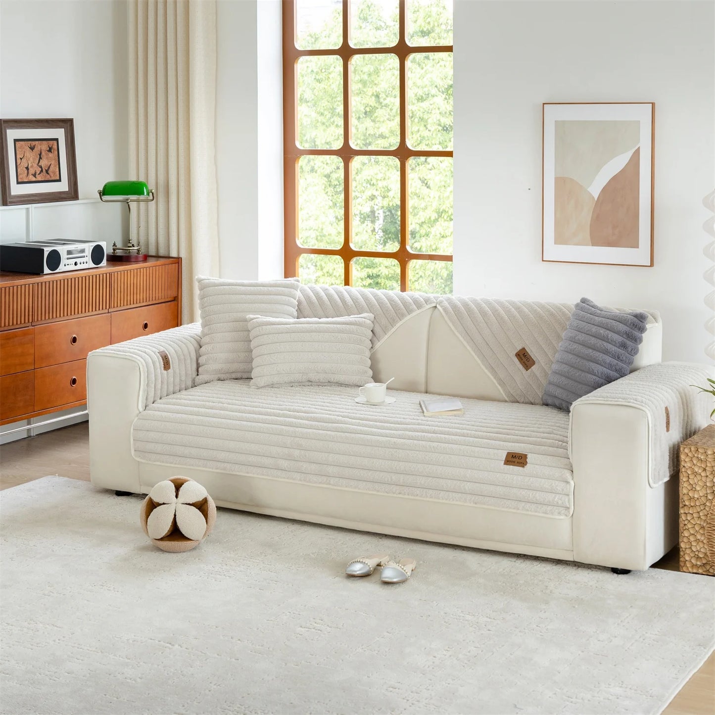 Stripe Imitation Rabbit Fur Plush Sofa Cover | Non-Slip Couch Slipcover