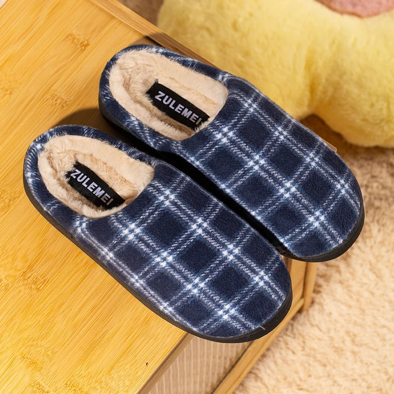 Men's Striped Plaid Fleece Slippers | Warm Cozy House Shoes