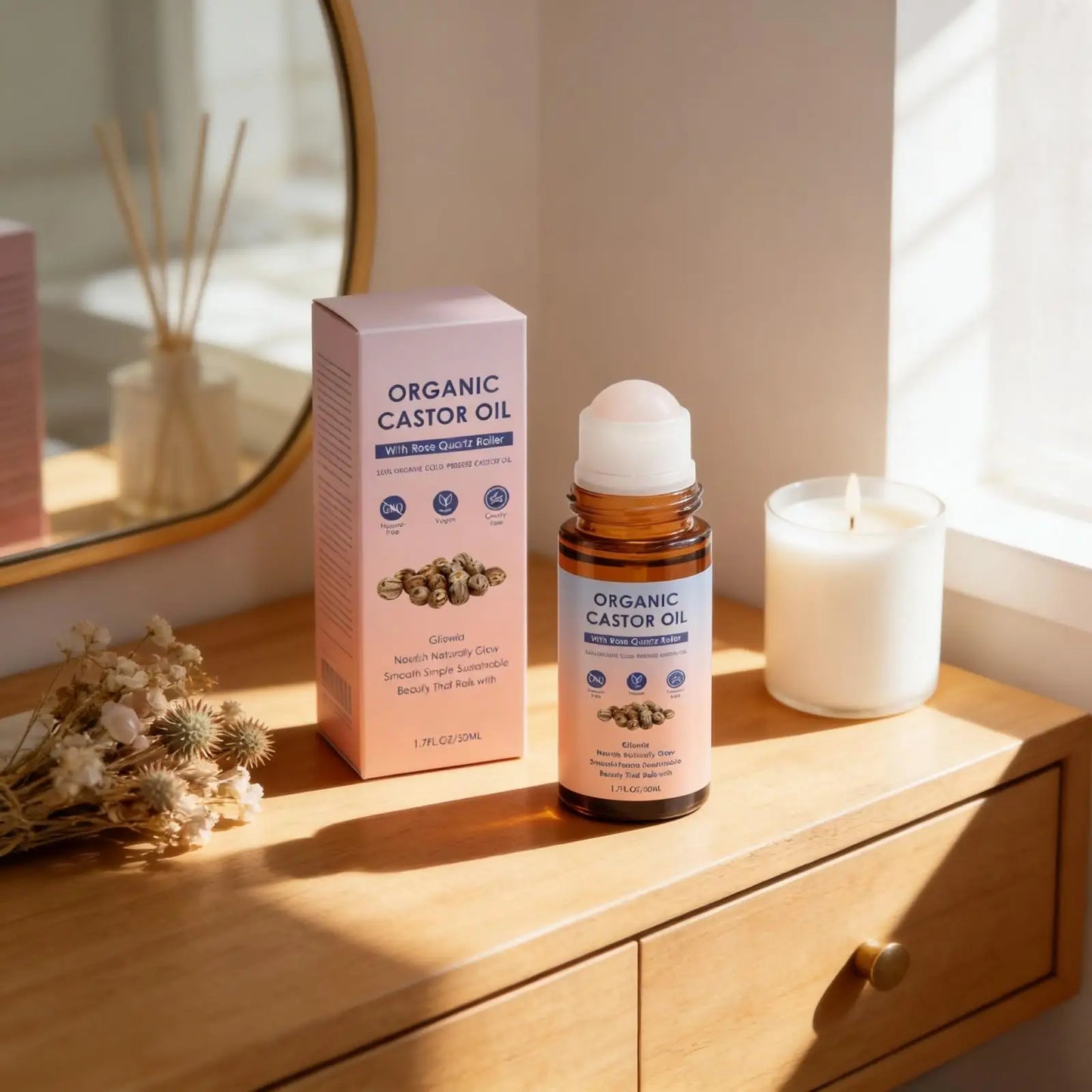 Natural Organic Castor Oil with Rose Quartz | Moisturizing Roll-On