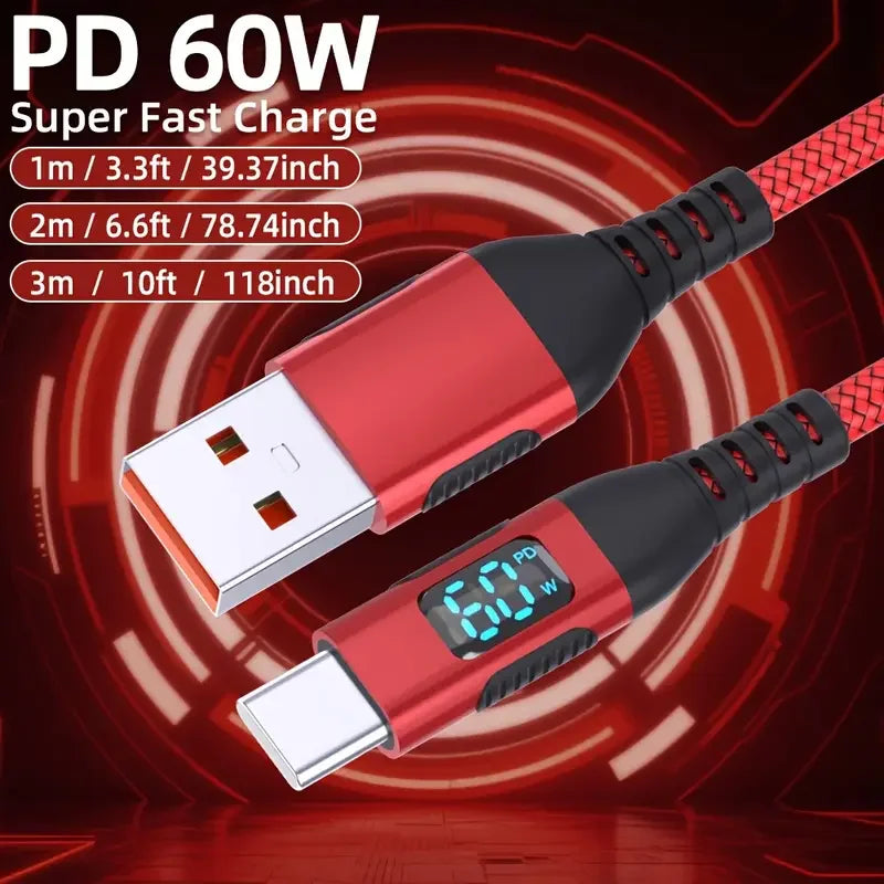 60W USB A to Type C Fast Charging Cable with Digital Display