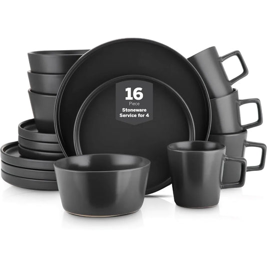 16-Piece Elegant Black Ceramic Tableware Set | Stylish Dining