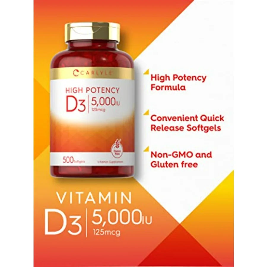 High Potency Vitamin D3 5000 IU Softgels | Non-GMO & Gluten Free