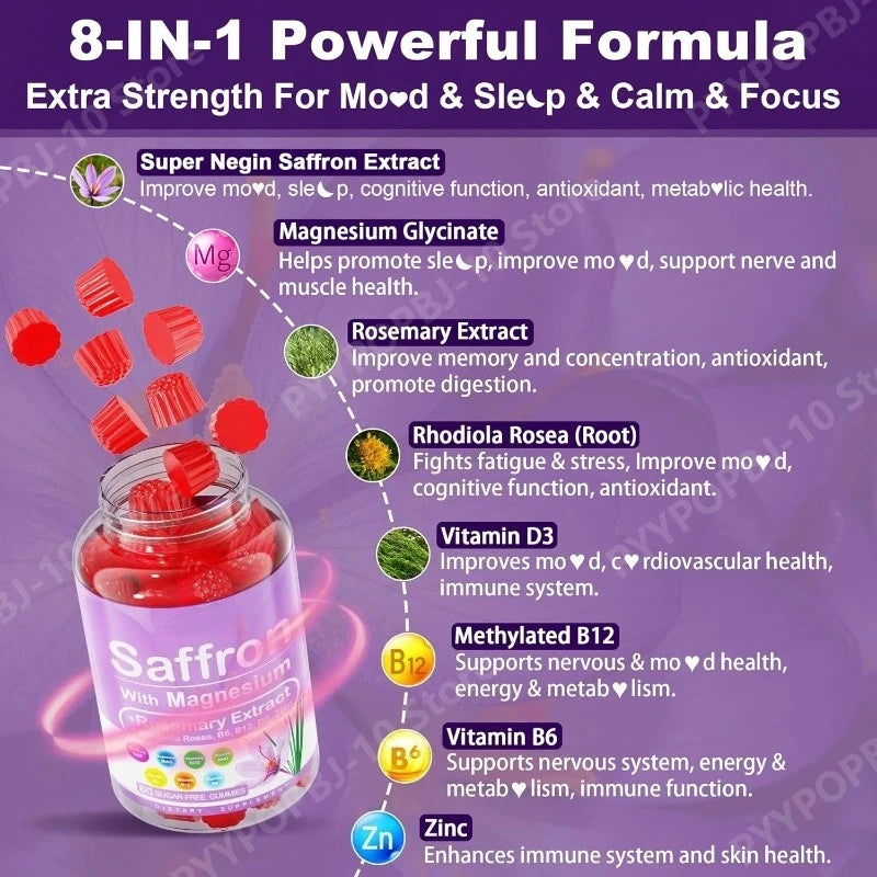 Saffron Gummies 4 Months Supply Extract 177mg Magnesium Glycinate B6 B12 D3 for Calm Rest Focus Sugar Free