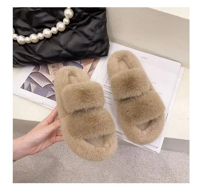 Cozy Double Fur Cross-Strap Plush Slippers | Warm Indoor Footwear