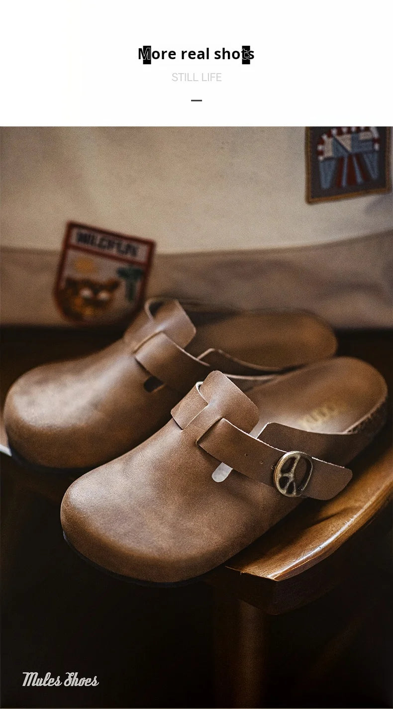 Men's Vintage Brown Leather Mules | Comfortable Slide-On Slippers