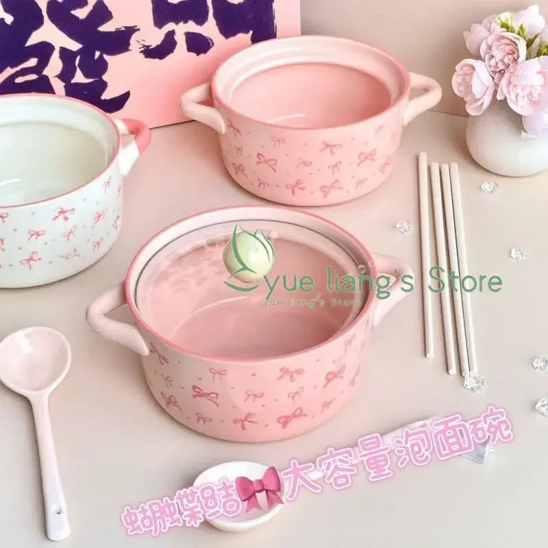 Bol de cerámica con tapa para fideos, diseño de lazo rosa | Adorable tazón para sopa