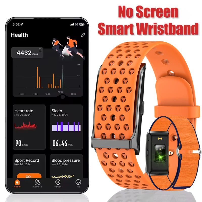 Smartwatch with orange band and app displaying health metrics on a white background