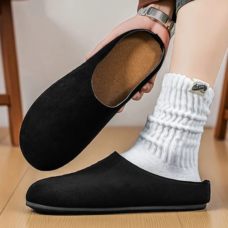 New Men's Slippers New Retro Solid Color Flat Bottom Women's Slingback Shoes Closed Toe Round Toe Suede Clogs Sandals Autumn