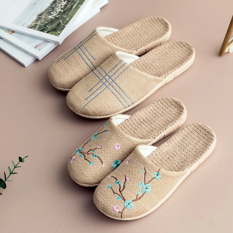 Cozy Indoor Embroidered Linen Slippers for Couples