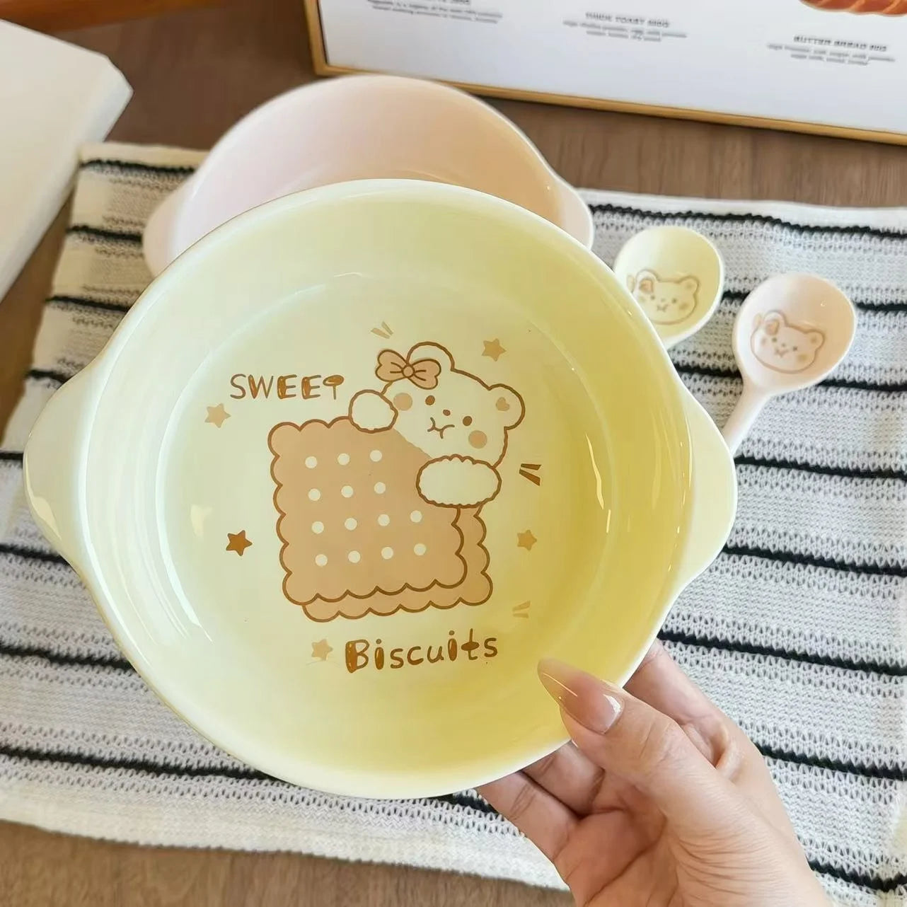 Large-Capacity Ceramic Bowl Set with Handles & Spoon for Kitchen