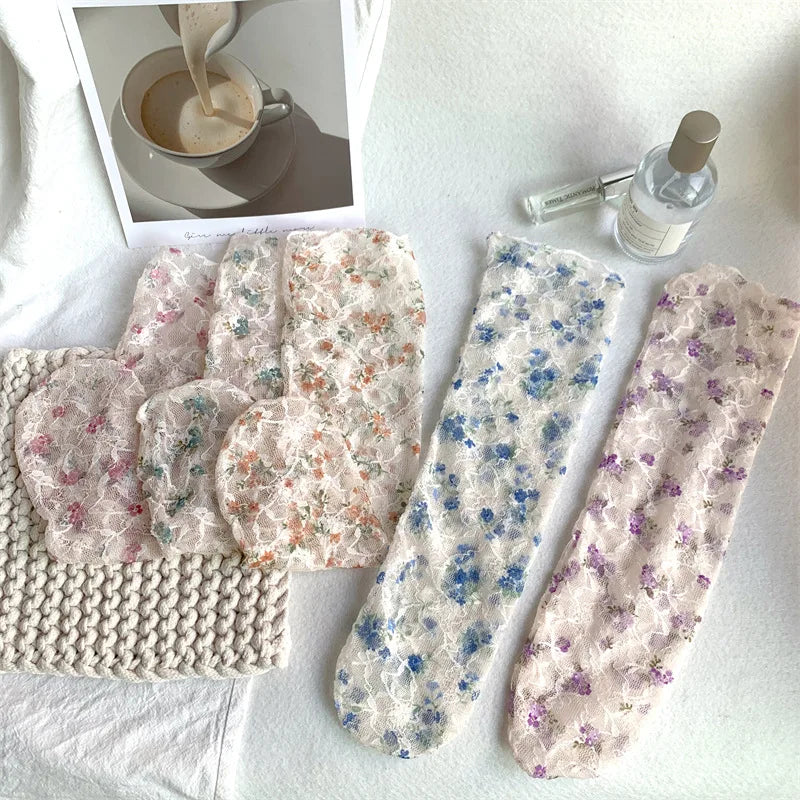 Stylish Korean Lace Flower Long Socks for Women | Breathable Comfort