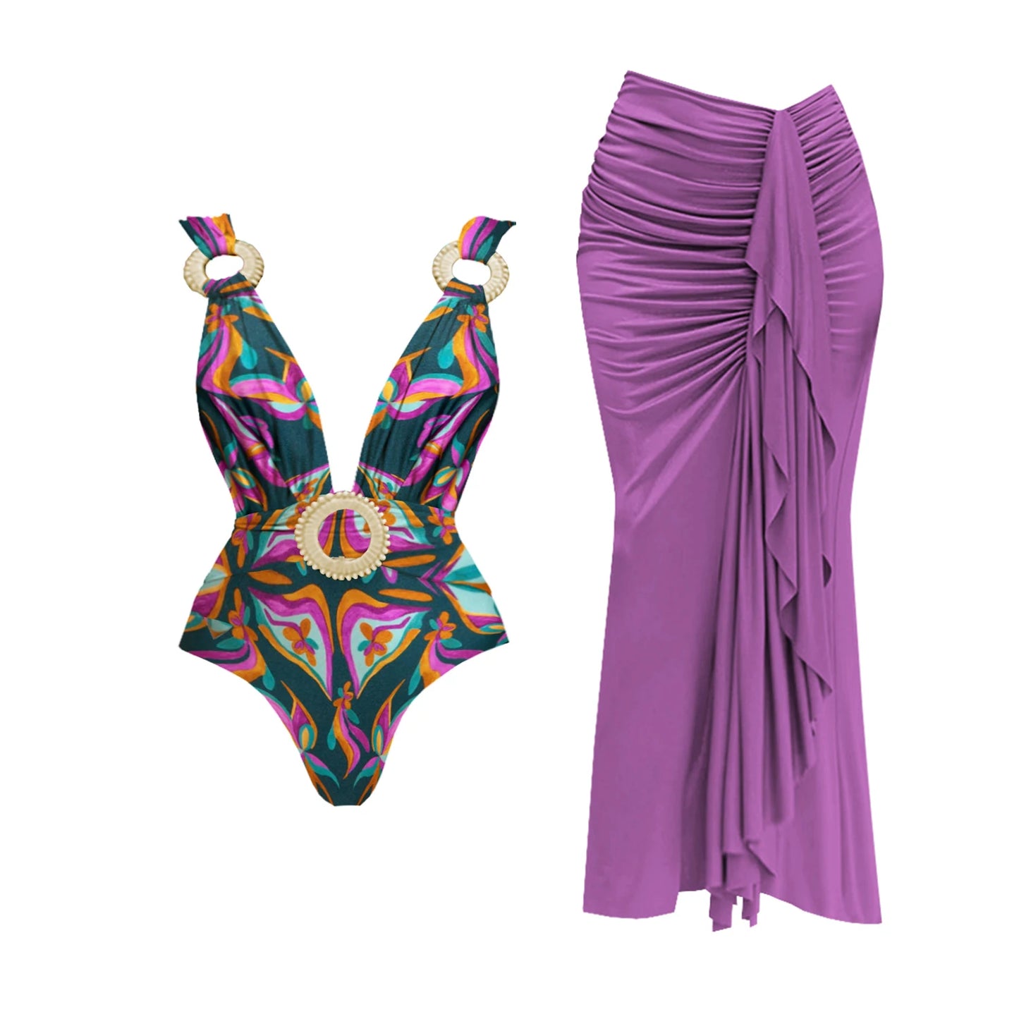 Deep V One Piece Swimsuit | Sexy Shiny High Waist Swimwear