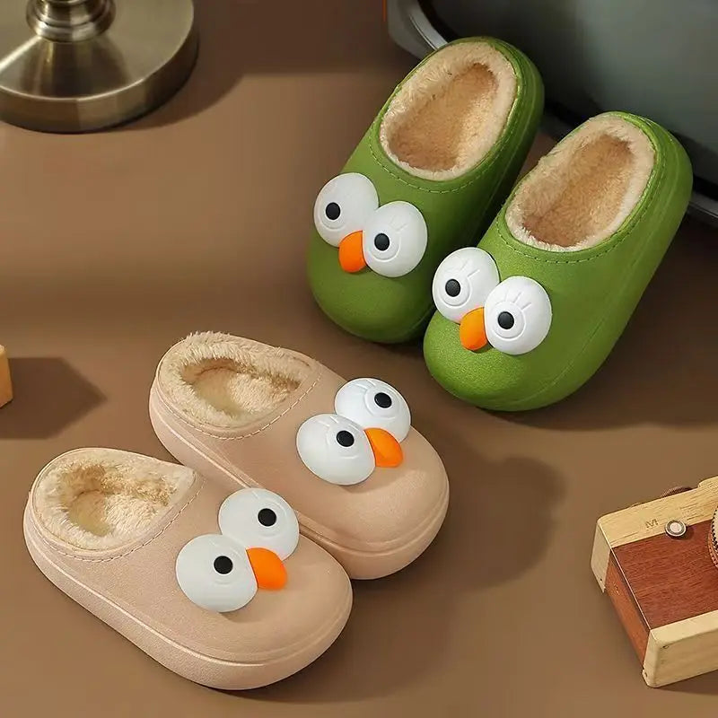 Kids 3D Big Eyes Animal Print Plush Slippers | Cozy Winter Shoes
