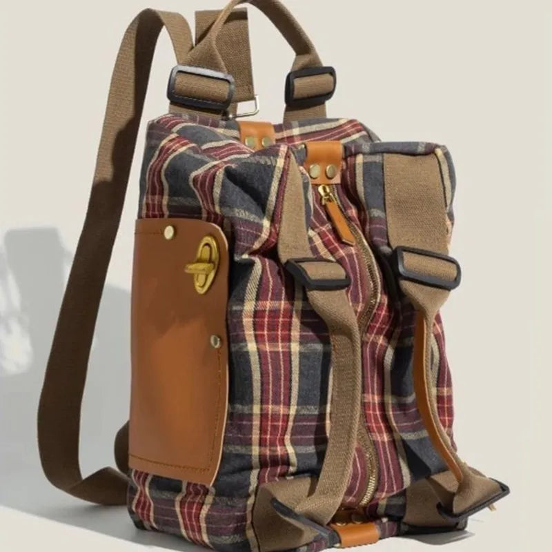 Large Capacity Burgundy Plaid Handbag | Convertible Shoulder Backpack