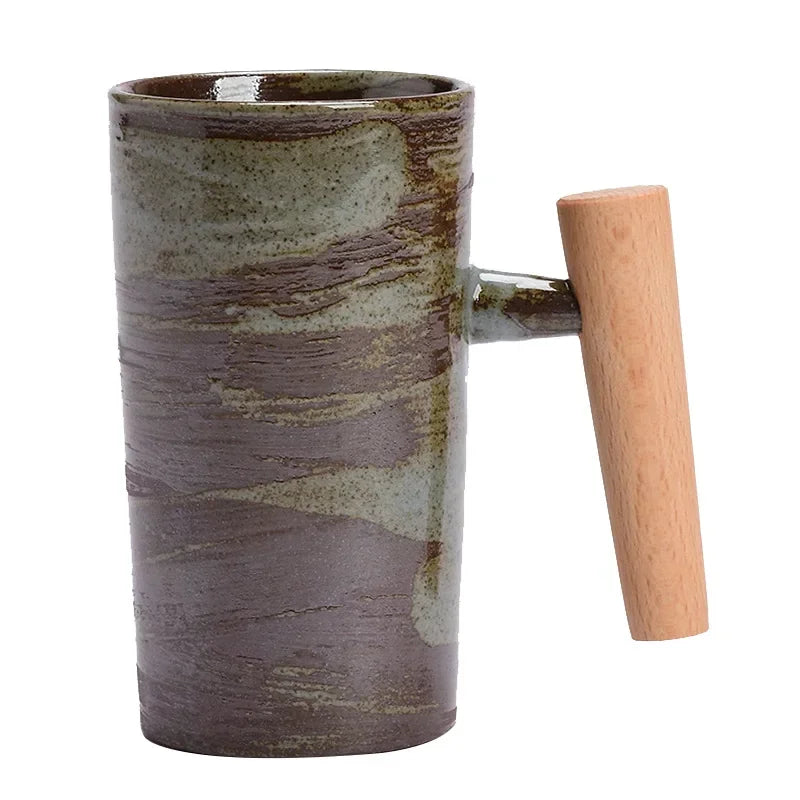 Handmade Stoneware Coffee Cup with Wooden Handle | Vintage Style Mug