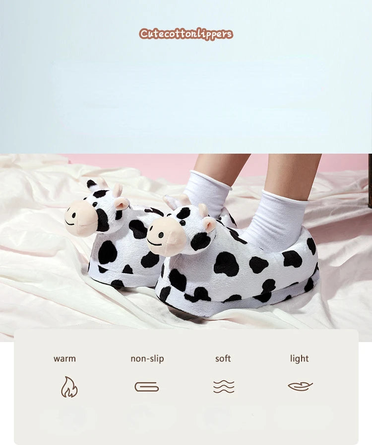 Cute Milk Cow Plush Slippers | Cozy Kawaii Indoor House Shoes