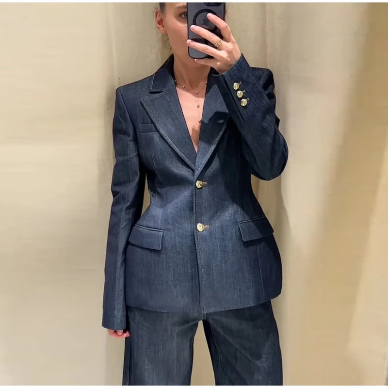Women’s Retro Denim Vest Suit Jacket & High Waist Pants Set