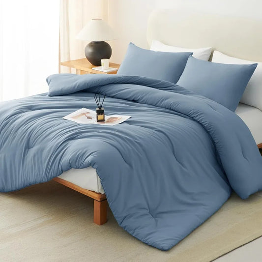 Oversized Queen Comforter Set — Grayish Blue 3-Piece 98"x98" Quilted All-Season Luxury Soft Bedding with Matching Pillow Shams