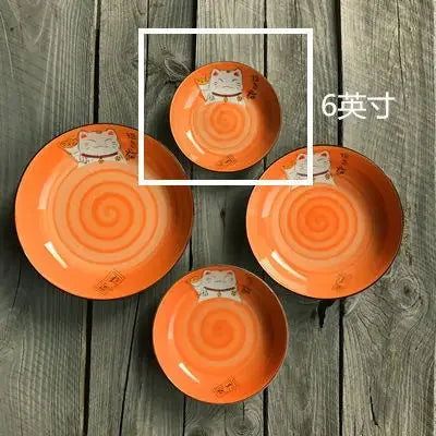 Multi-Color Cartoon Lucky Cat Round Ceramic Plate | Joyful Dining