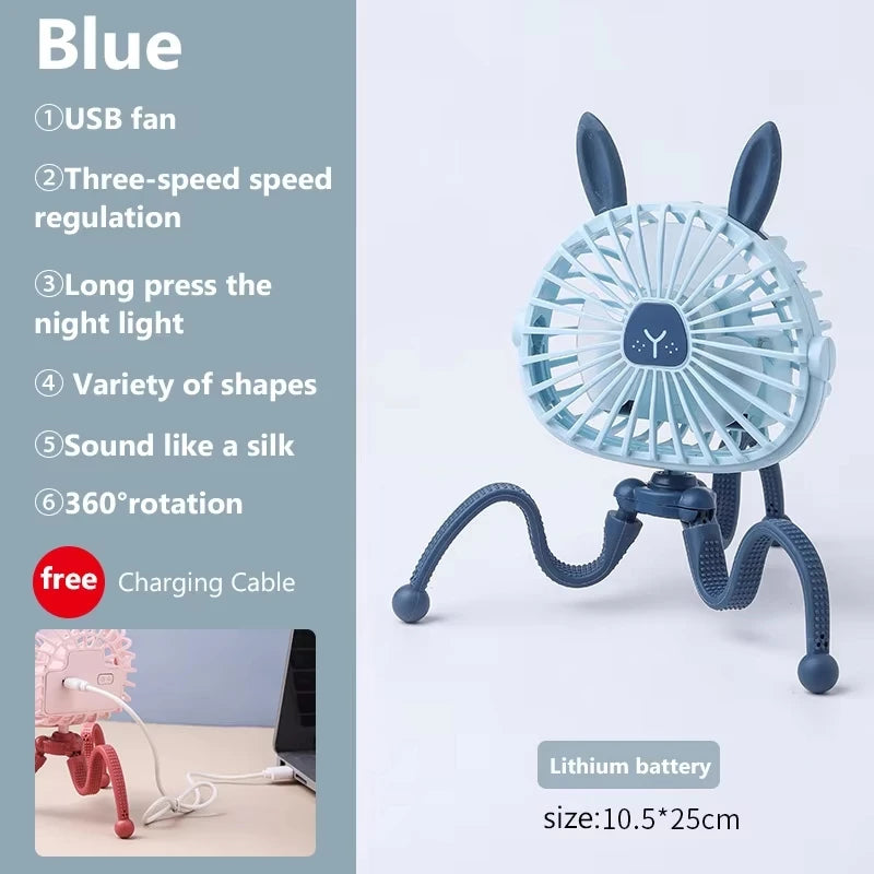 Mini Portable Bunny Stroller Fan | Rechargeable & 360° Rotate