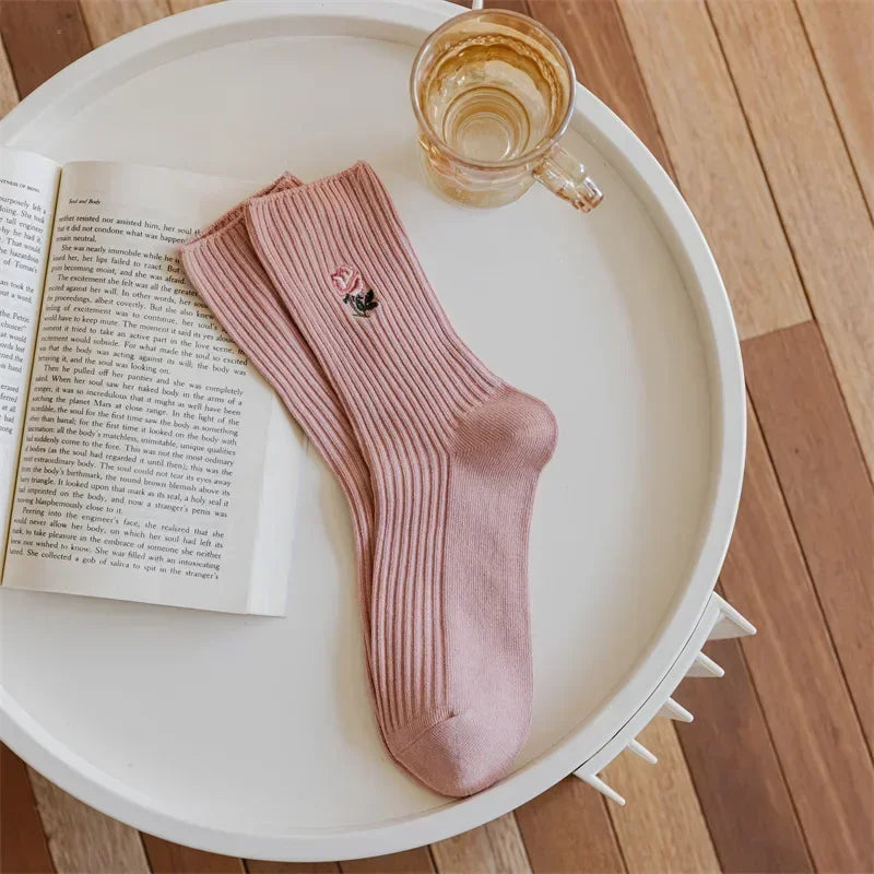 Cute Pink Flower Embroidery Socks for Women | Kawaii Retro Style