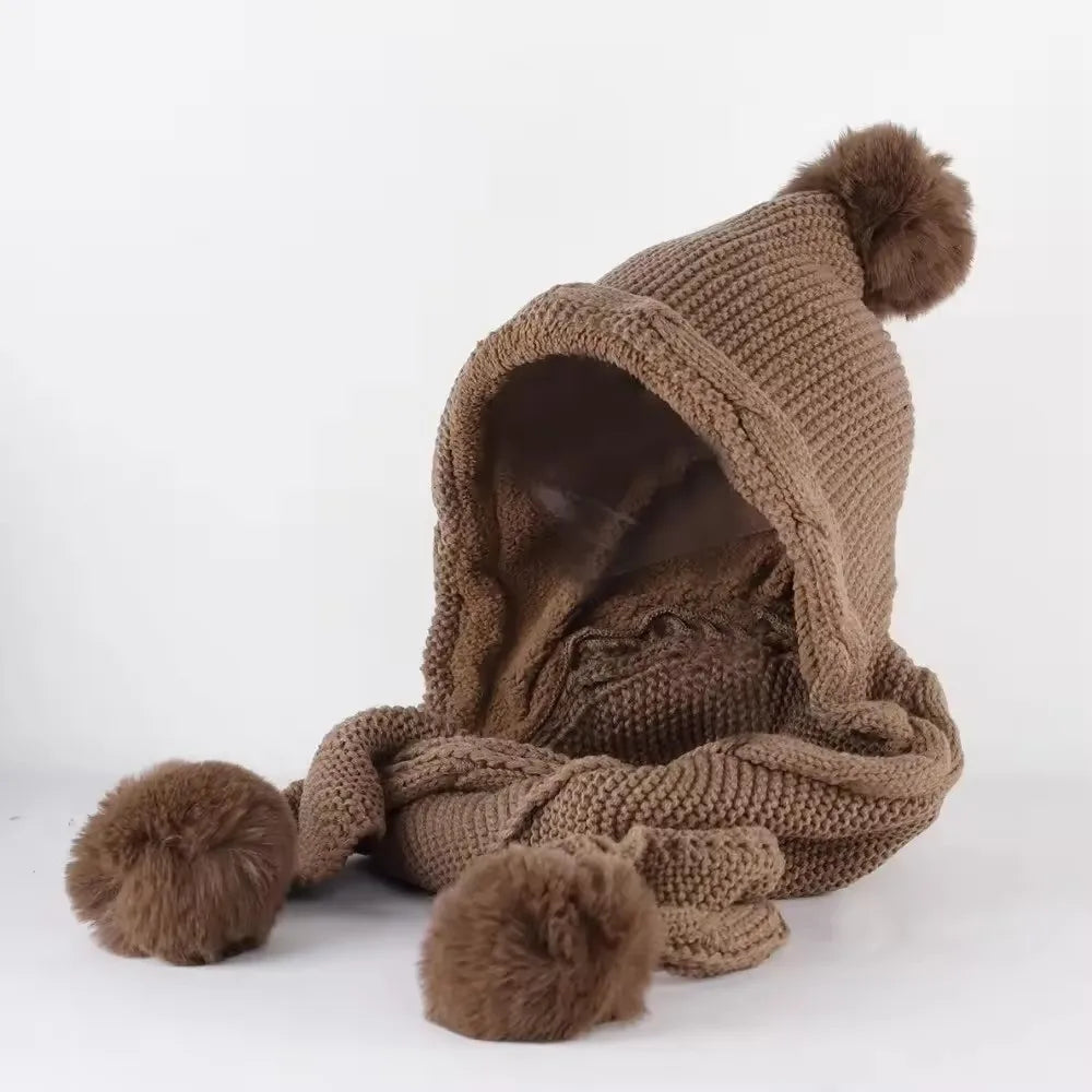 Conjunto de gorro y bufanda de invierno para mujer | Gorro de lana térmico con pompón y pasamontañas