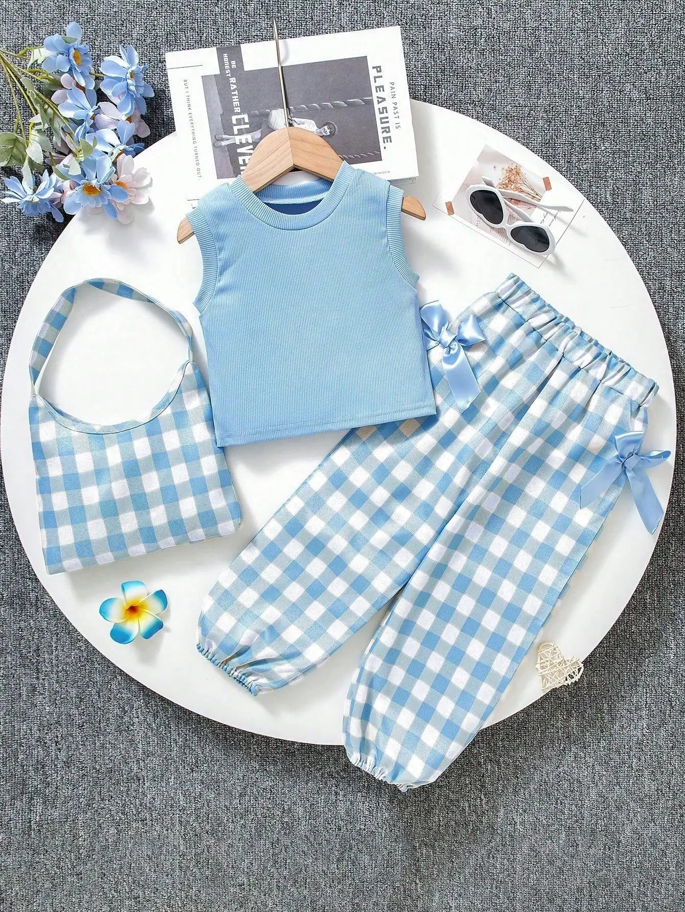 Little Girl's Blue and White Plaid 3-Piece Outfit Set | Summer Fun