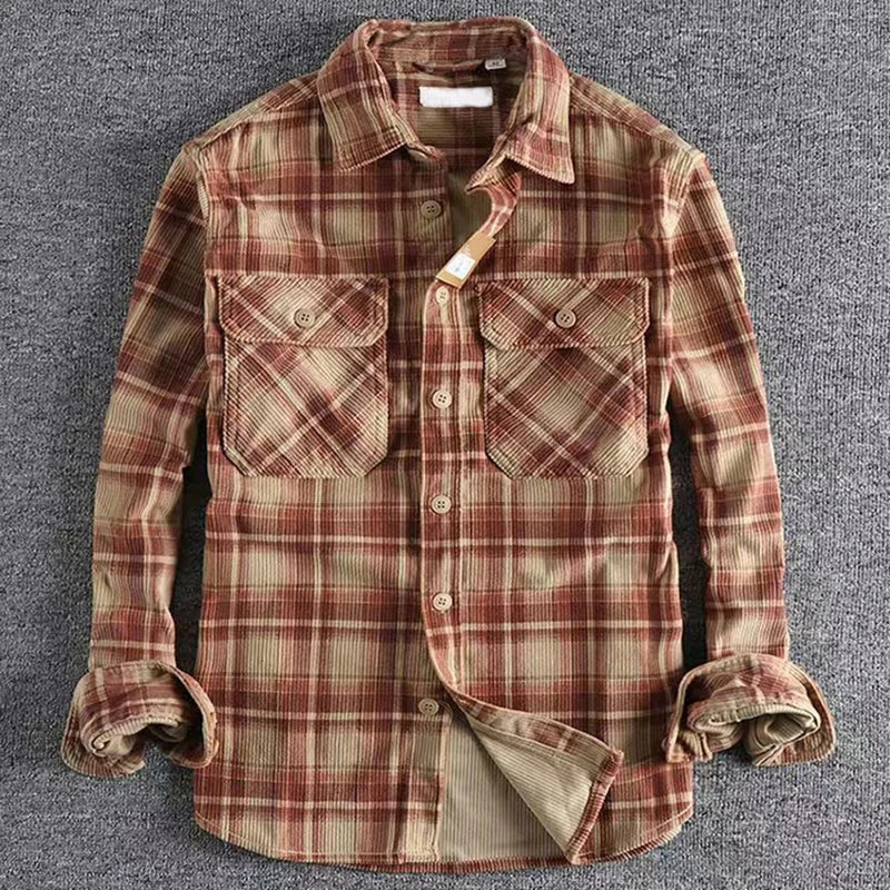 Men's Vintage Plaid Long Sleeve Shirt | Comfortable Corduroy Fashion