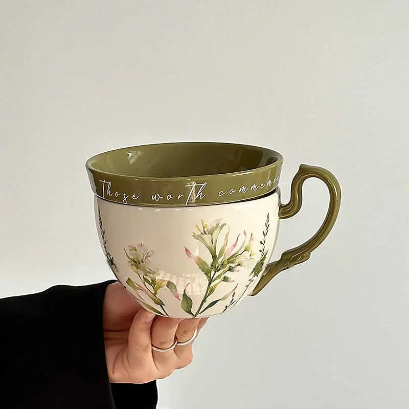 Large Capacity Ceramic Breakfast Cup with Lid | Rustic Coffee Mug Set