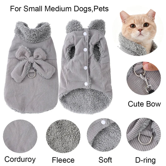 Abrigo de invierno de forro polar suave para gatos y perros | Chaleco con lazo de pana acogedor