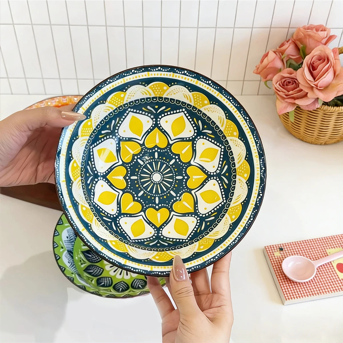 8-Inch Bohemian Ceramic Soup Bowl Set | Dishwasher & Microwave Safe