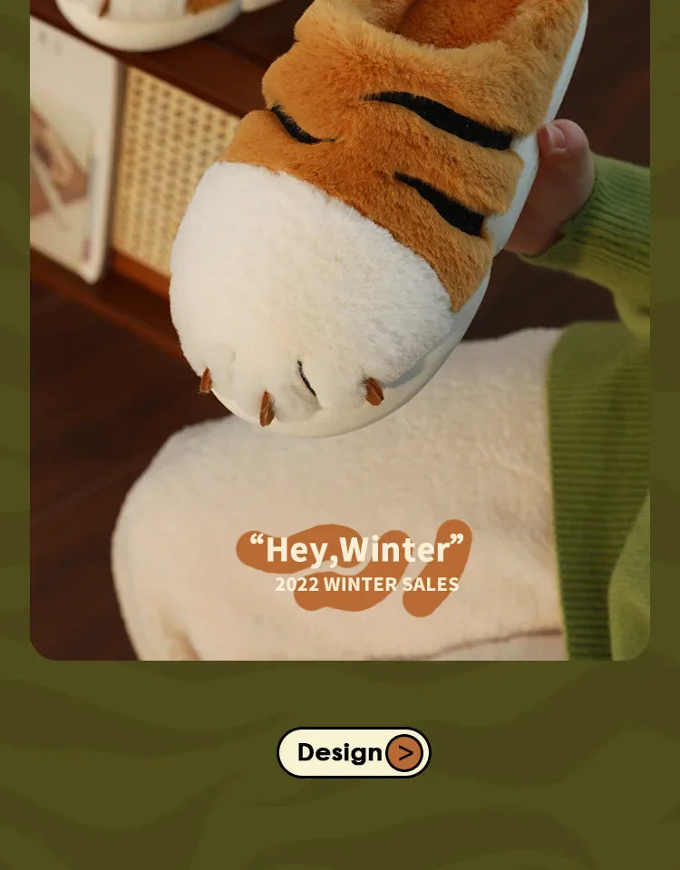 Cute Cartoon Tiger Paw Plush Slippers | Warm Indoor Slides for Cozy Comfort