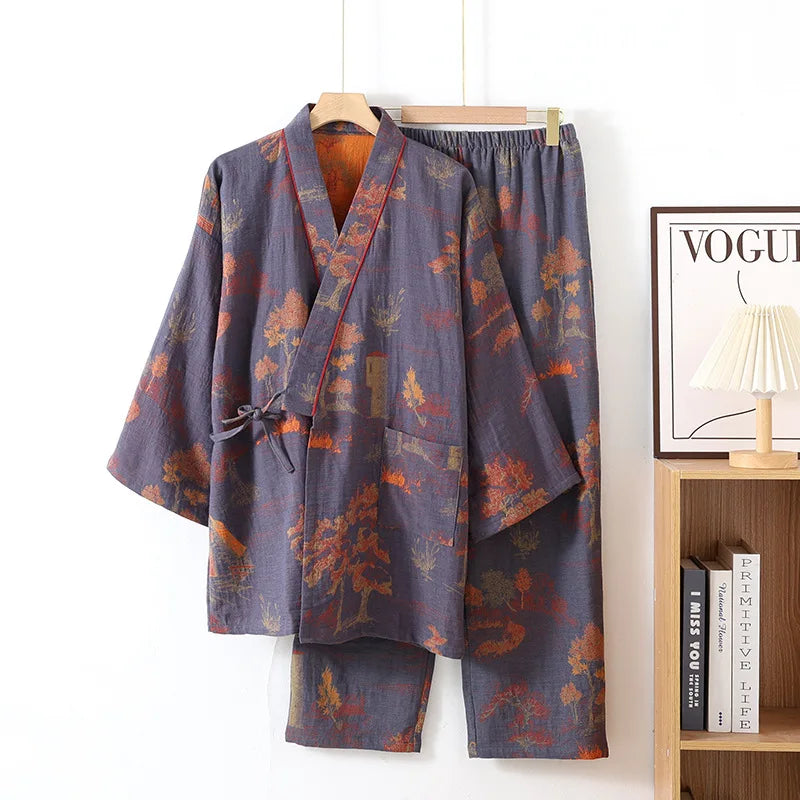 Roomwear Cotton Kimono Pajamas Men's Robes for Spring Jacquard Printed Home Clothing Medium Length Oversized Breathable Bathrobe